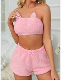 Ensemble Deux Pieces De Top court sexy et de short sans bretelles en peluche pour femmes