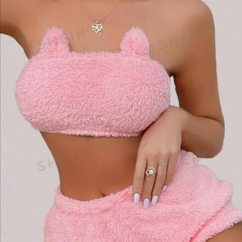 Ensemble Deux Pieces De Top court sexy et de short sans bretelles en peluche pour femmes